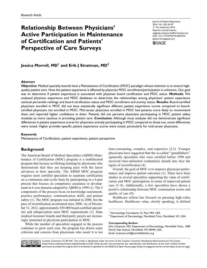 Pdf Relationship Between Physicians Active Participation In Maintenance Of Certification And Patients Perspective Of Care Surveys