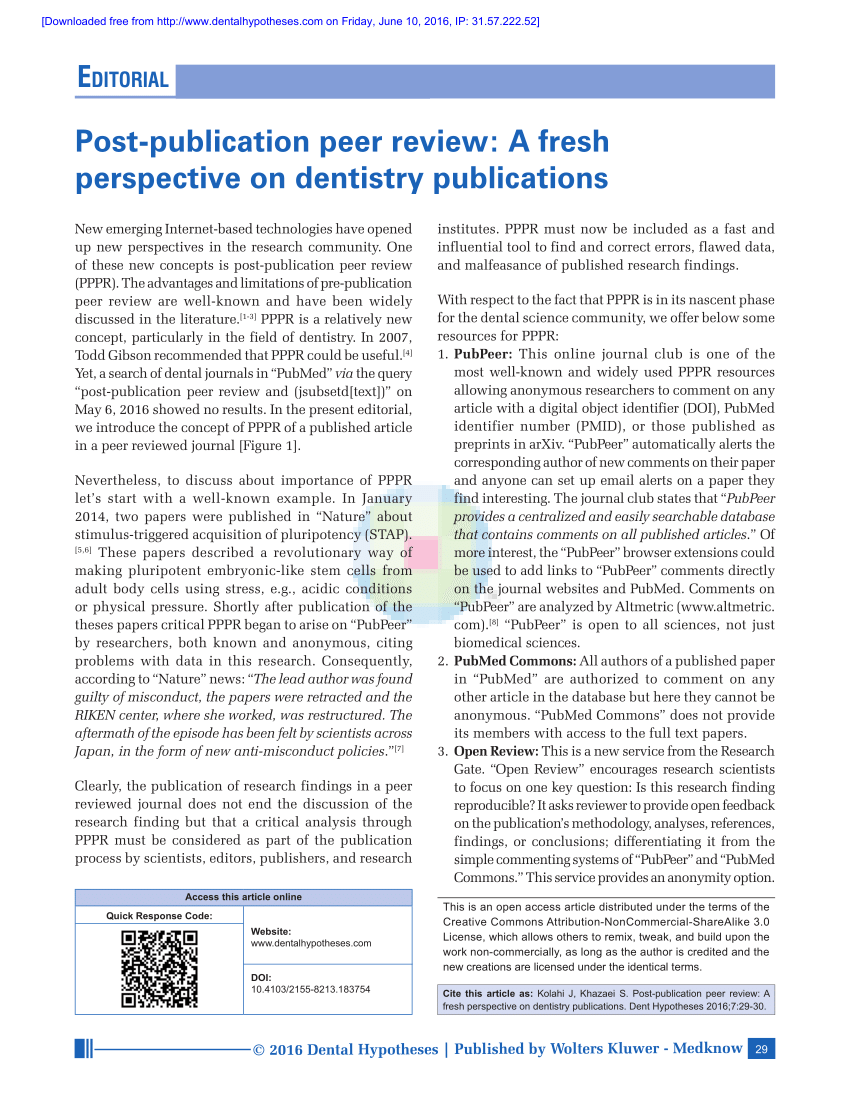 Pdf Post Publication Peer Review A Fresh Perspective On Dentistry Publications