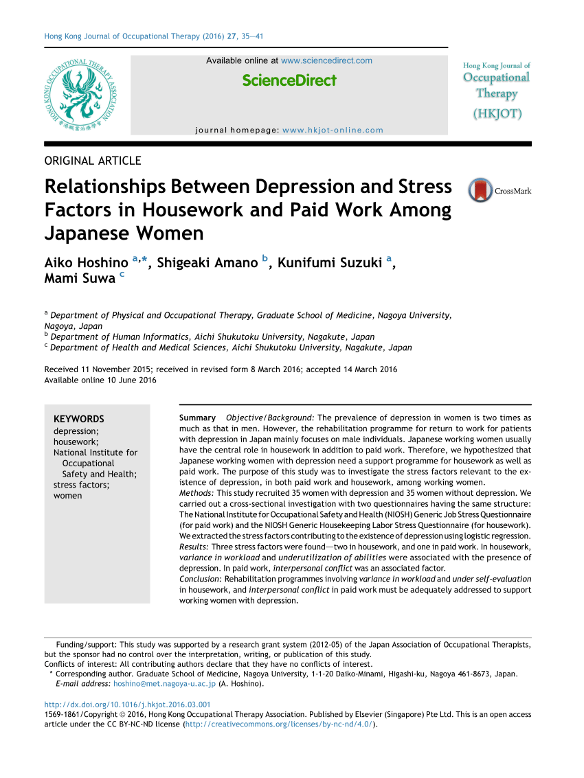 PDF) Relationships Between Depression and Stress Factors in Housework and Paid Work Among Japanese Women photo