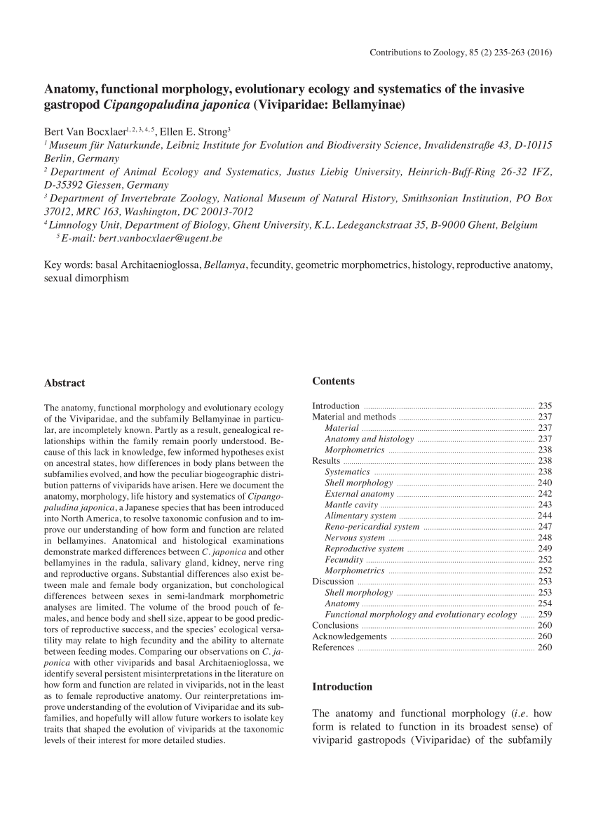 PDF) Anatomy, functional morphology, evolutionary ecology and systematics  of the invasive gastropod Cipangopaludina japonica (Viviparidae:  Bellamyinae)