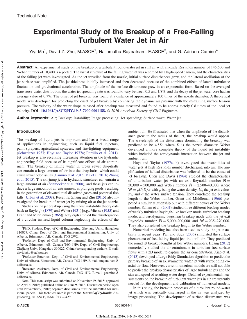 Pdf Experimental Study Of The Breakup Of A Free Falling Turbulent Water Jet In Air