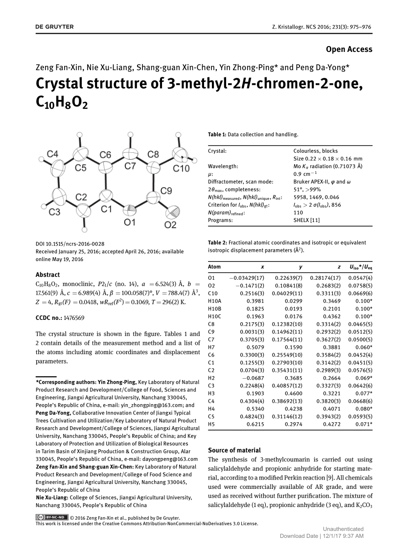 Pdf Crystal Structure Of 3 Methyl 2h Chromen 2 One C10h8o2