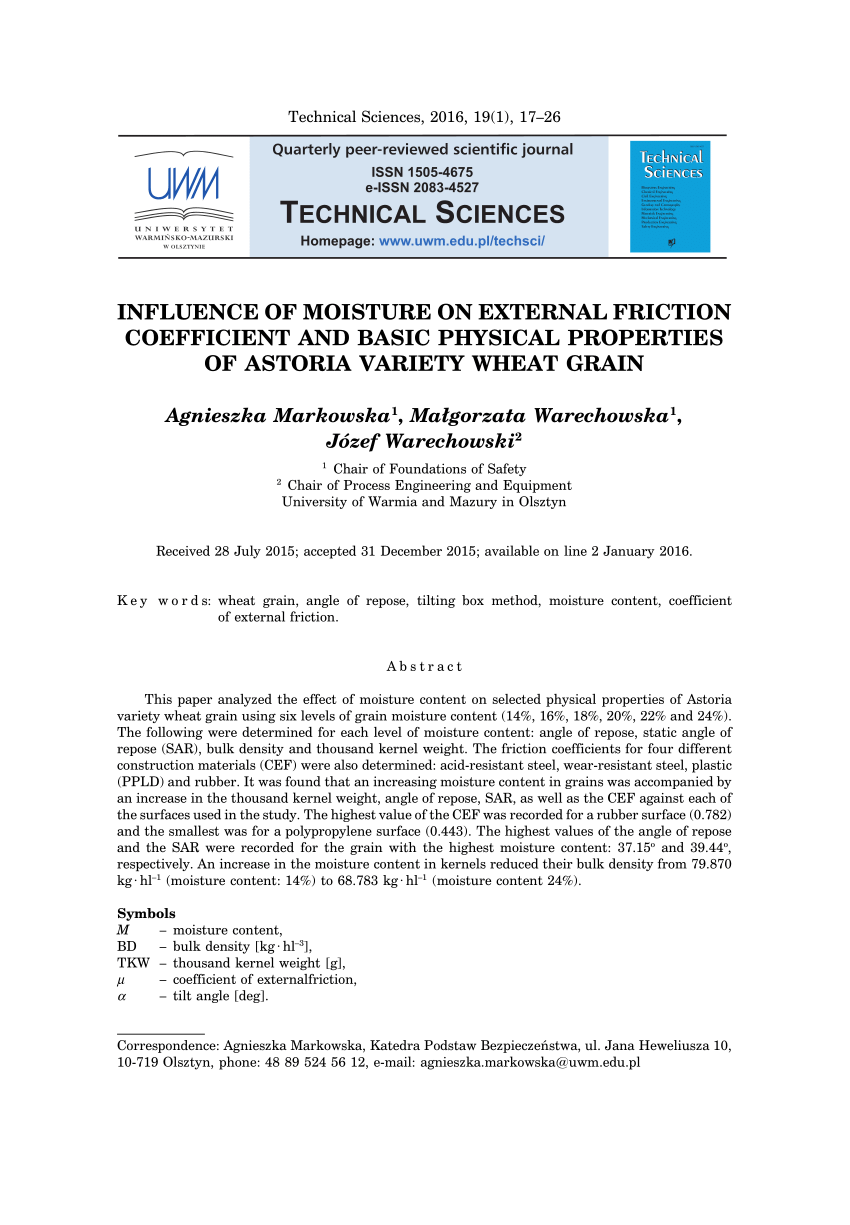 Pdf Influence Of Moisture On External Friction Coefficient