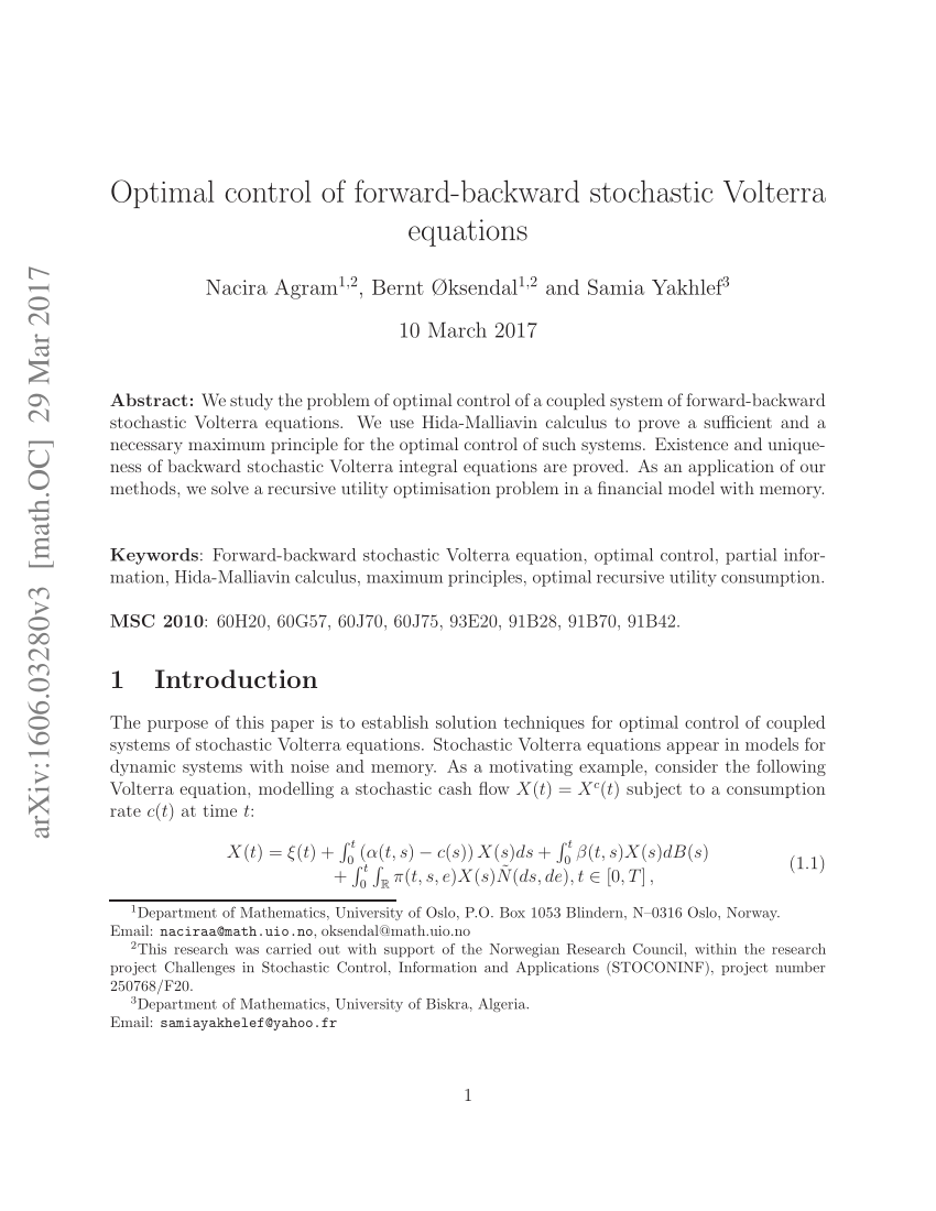 Pdf Optimal Control Of Forward Backward Stochastic Volterra Equations