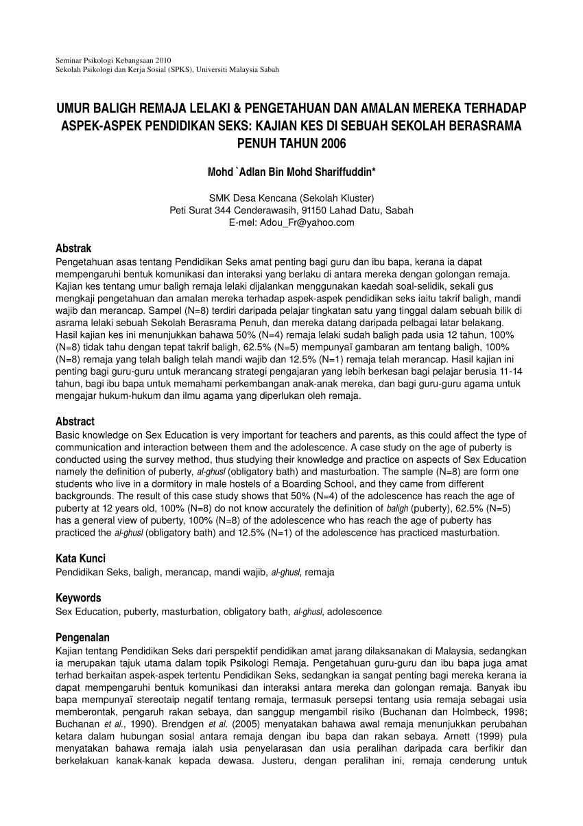 PDF) Umur Baligh Remaja Lelaki & Pengetahuan Dan Amalan Mereka Terhadap  Aspek-Aspek Pendidikan Seks: Kajian Kes Di Sebuah Sekolah Berasrama Penuh  Tahun 2006