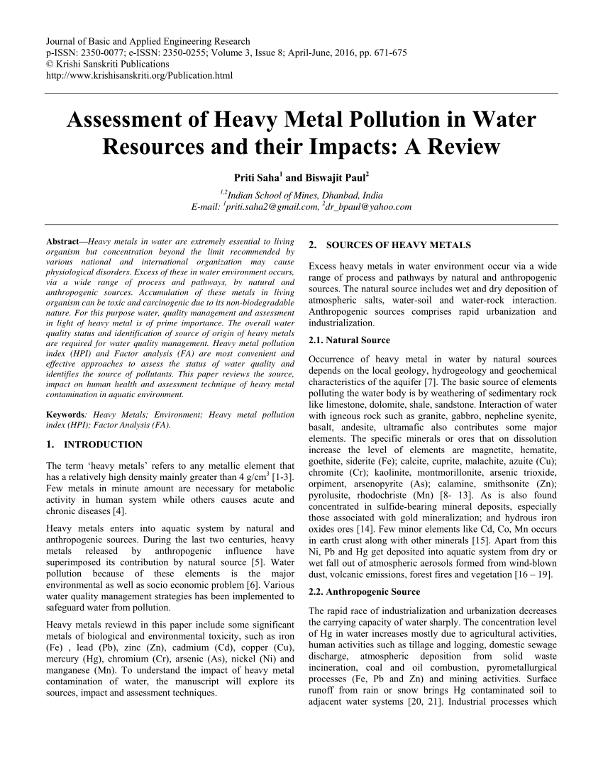 literature review on heavy metals in water