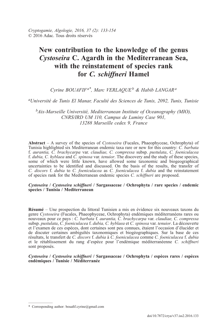 Pdf New Contribution To The Knowledge Of The Genus Cystoseira C Agardh In The Mediterranean Sea With The Reinstatement Of Species Rank For C Schiffneri Hamel