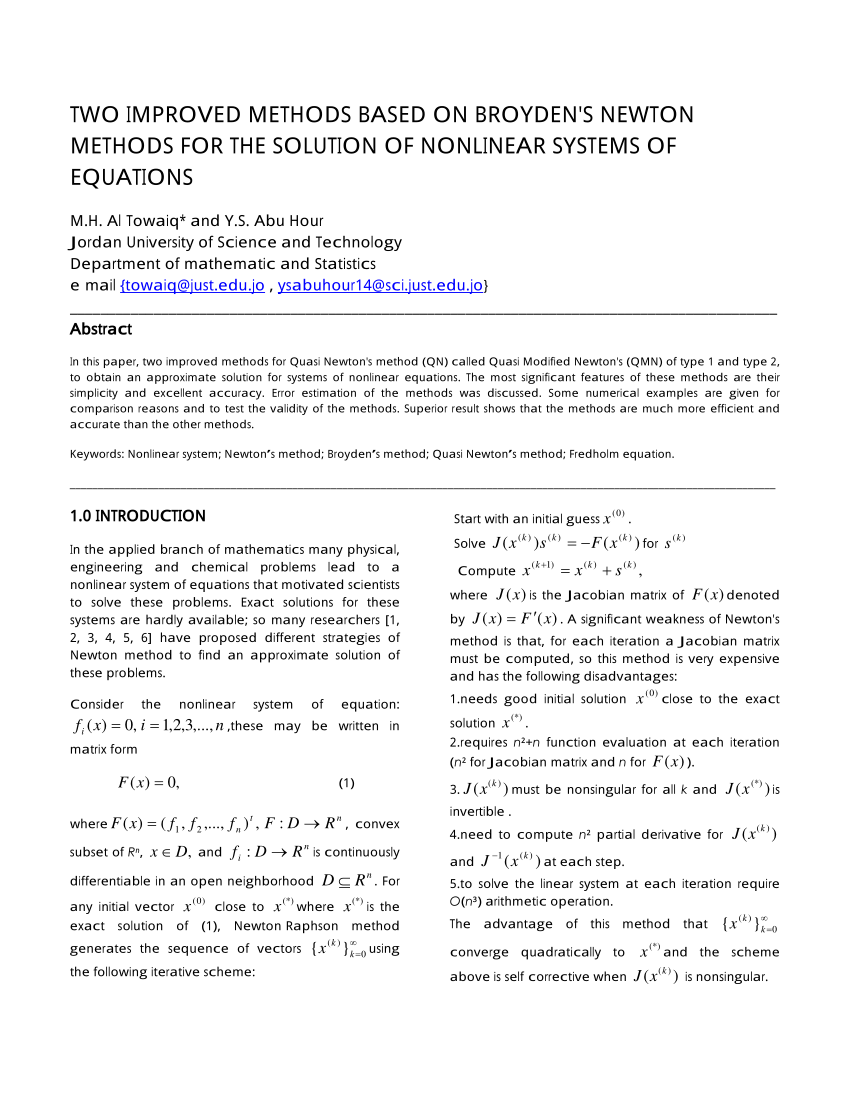 Pdf Two Improved Methods Based On Broyden S Newton Methods For The Solution Of Nonlinear Systems Of Equations