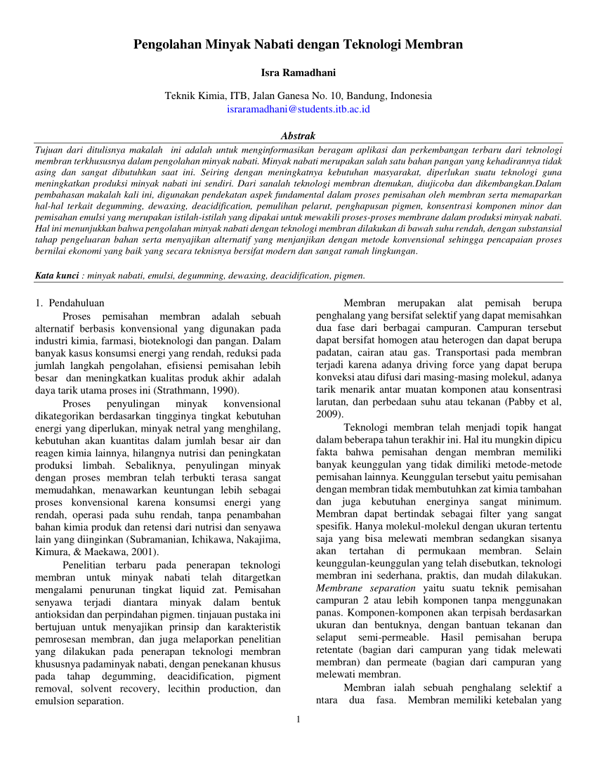 Pdf Pengolahan Minyak Nabati Dengan Teknologi Membran