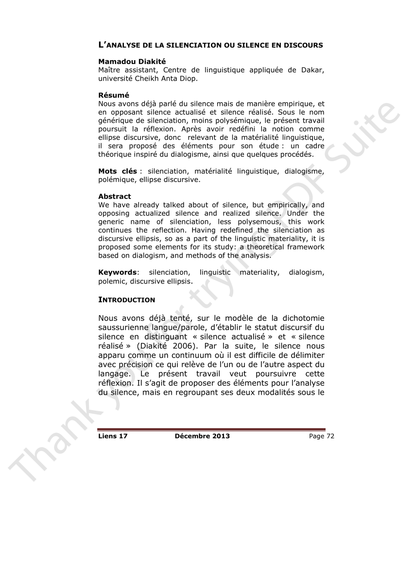 Pdf L Analyse De La Silenciation Ou Silence En Discours