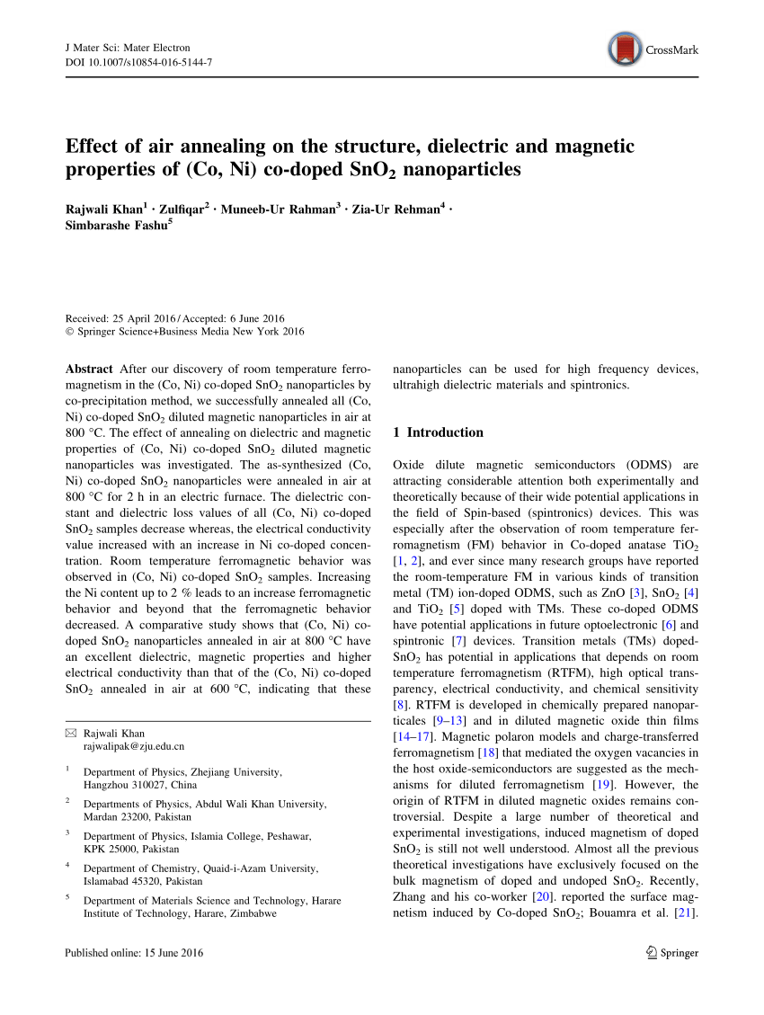 Pdf Effect Of Air Annealing On The Structure Dielectric And Magnetic Properties Of Co Ni Co Doped Sno2 Nanoparticles