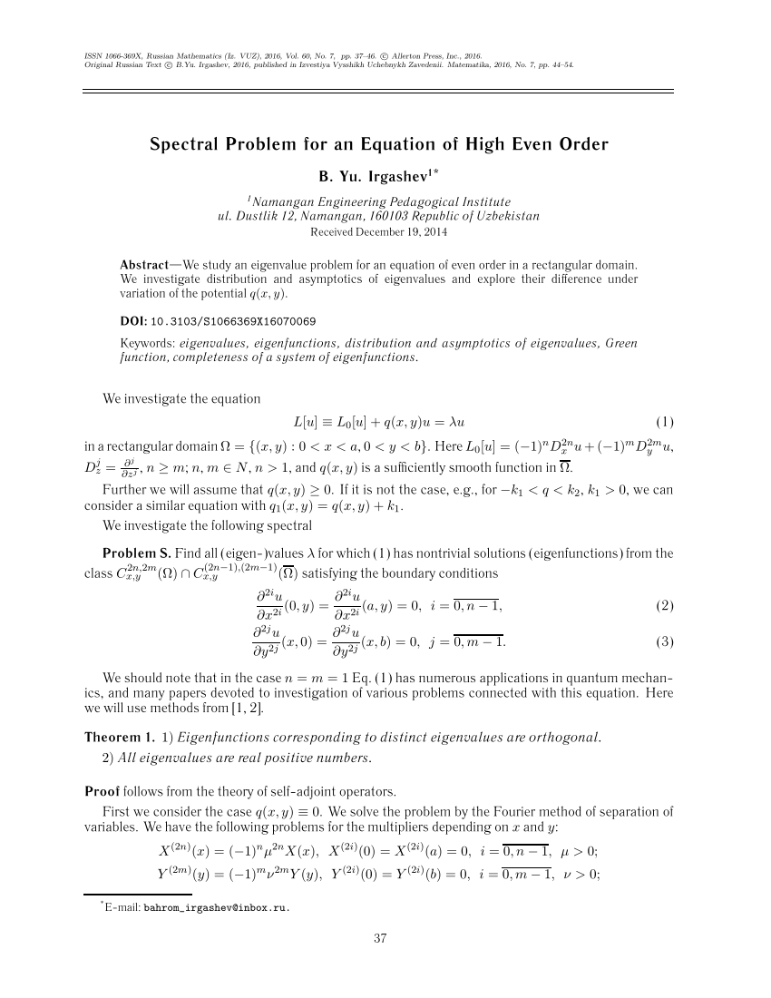 Pdf Spectral Problem For An Equation Of High Even Order