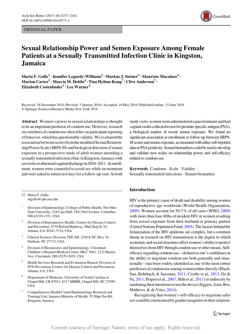 Sexual Relationship Power and Semen Exposure Among Female Patients