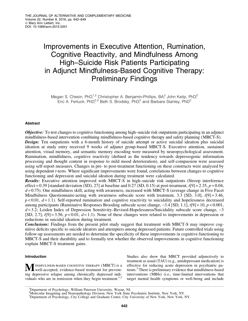 Pdf Improvements In Executive Attention Rumination Cognitive Reactivity And Mindfulness Among High Suicide Risk Patients Participating In Adjunct Mindfulness Based Cognitive Therapy Preliminary Findings