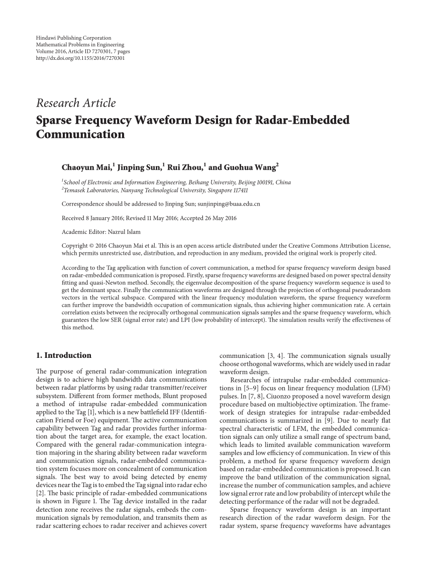 PDF) Sparse Frequency Waveform Design for Radar-Embedded Communication