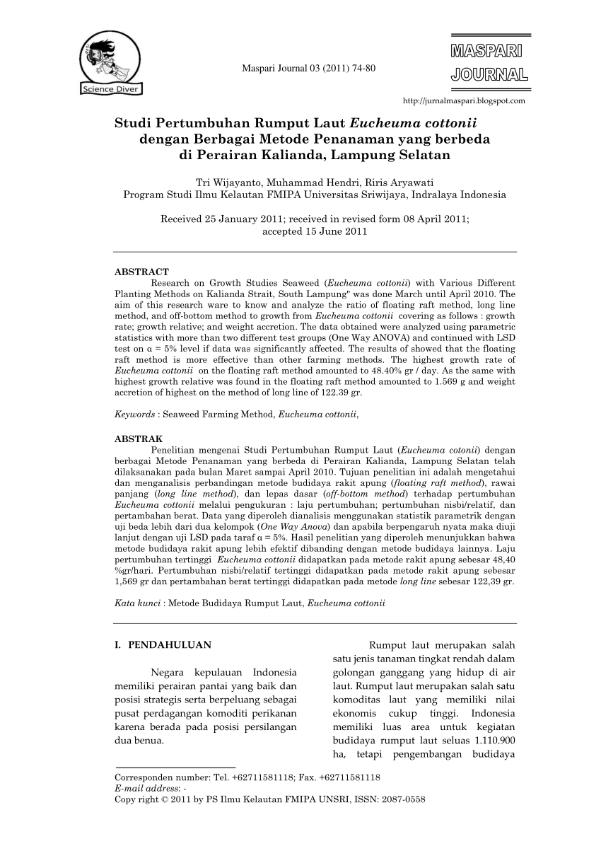 PDF Studi Pertumbuhan Rumput Laut Eucheuma Cottonii Dengan Berbagai