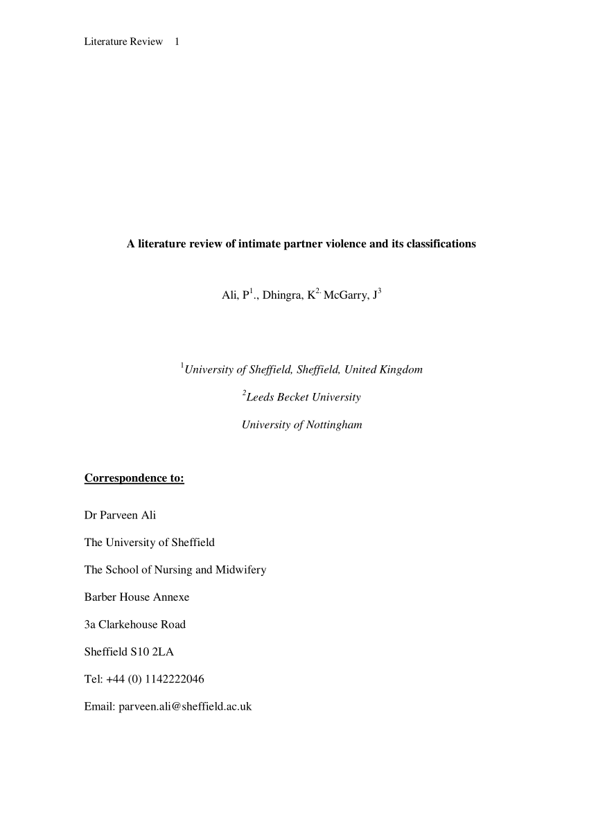 a literature review of intimate partner violence and its classifications