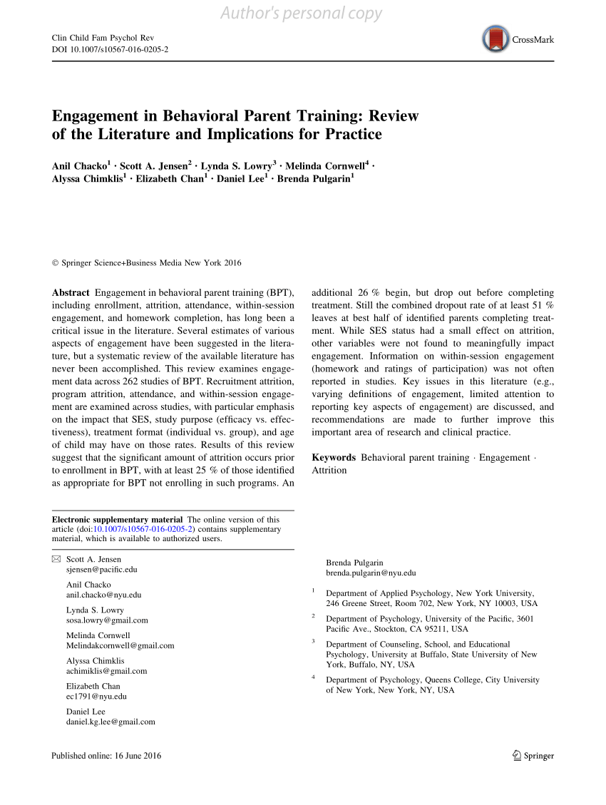 Pdf Engagement In Behavioral Parent Training Review Of The Literature And Implications For Practice