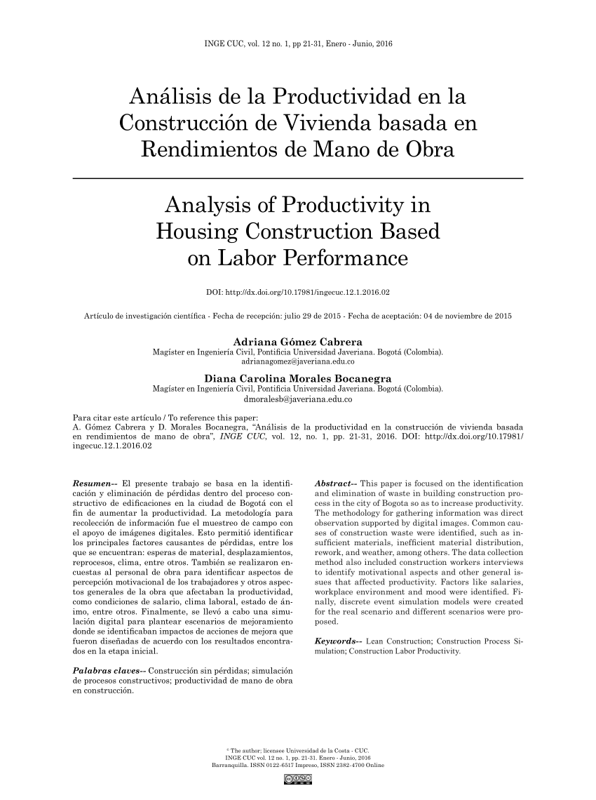 Pdf Analisis De La Productividad En La Construccion De Vivienda