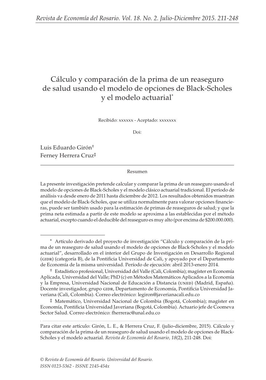 PDF) Calculo y comparacion de la prima de un reaseguro de salud usando el  modelo de opciones de Black-Scholes y el modelo actuarial