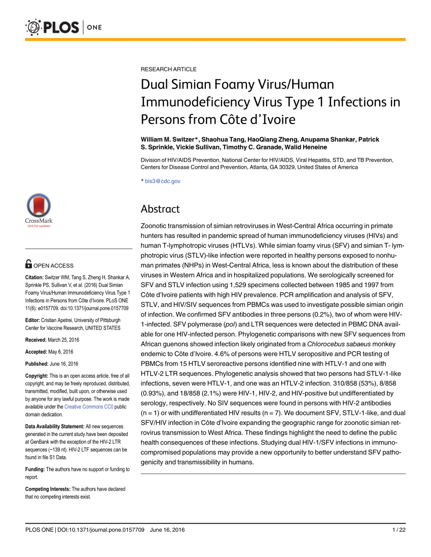 (PDF) Dual Simian Foamy Virus/Human Immunodeficiency Virus Type 1