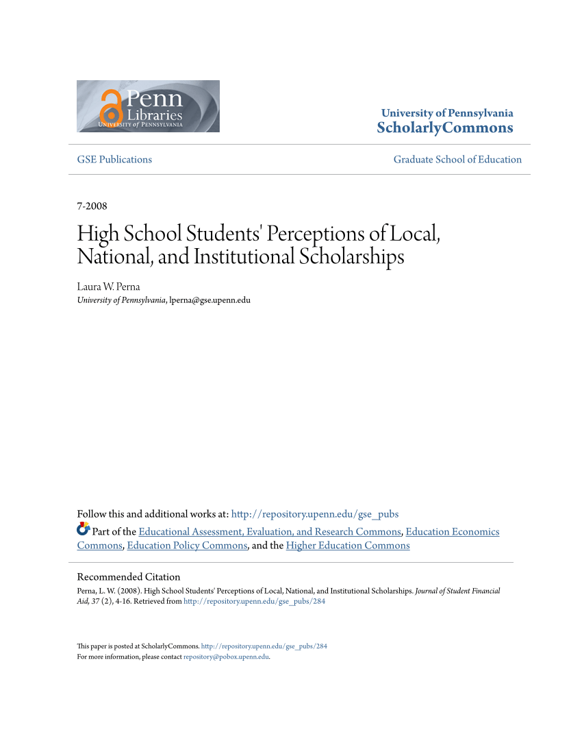 Pdf High School Students Perceptions Of Local National And Institutional Scholarships