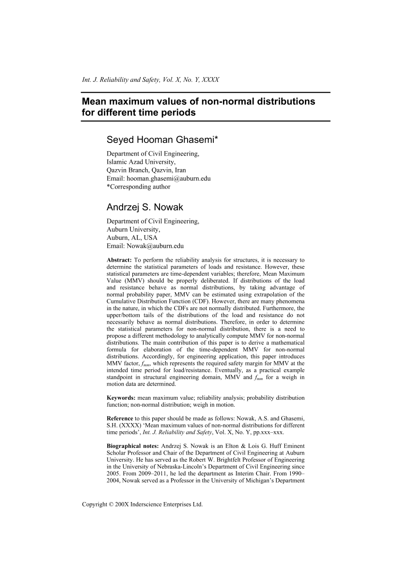 Pdf Mean Maximum Values Of Non Normal Distributions For