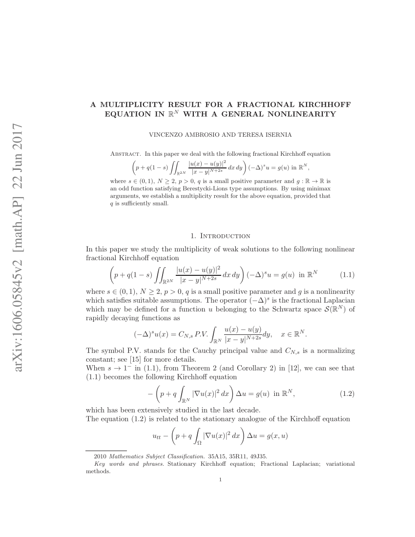 Pdf A Multiplicity Result For A Fractional Kirchhoff Equation In R N With A General Nonlinearity