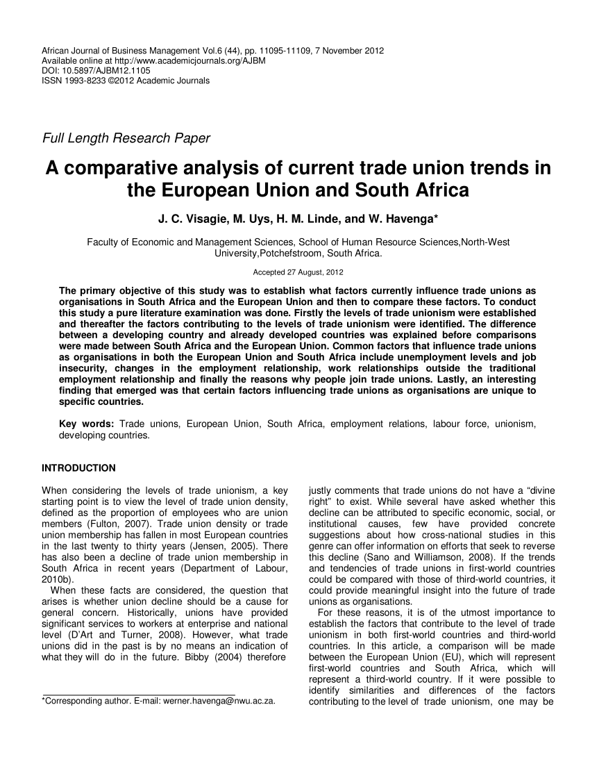 Pdf) A Comparative Analysis Of Current Trade Union Trends In The European  Union And South Africa
