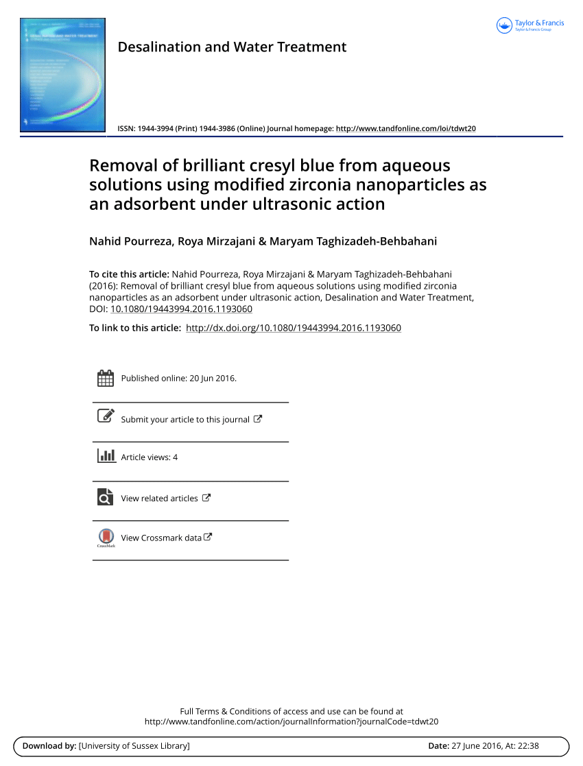 Pdf Removal Of Brilliant Cresyl Blue From Aqueous Solutions Using Modified Zirconia Nanoparticles As An Adsorbent Under Ultrasonic Action