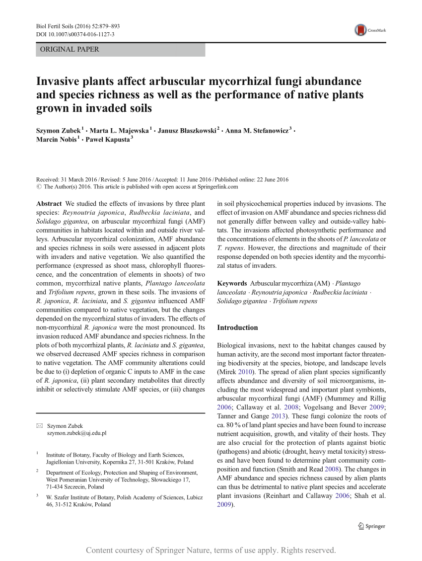 Pdf Invasive Plants Affect Arbuscular Mycorrhizal Fungi Abundance And Species Richness As Well As The Performance Of Native Plants Grown In Invaded Soils