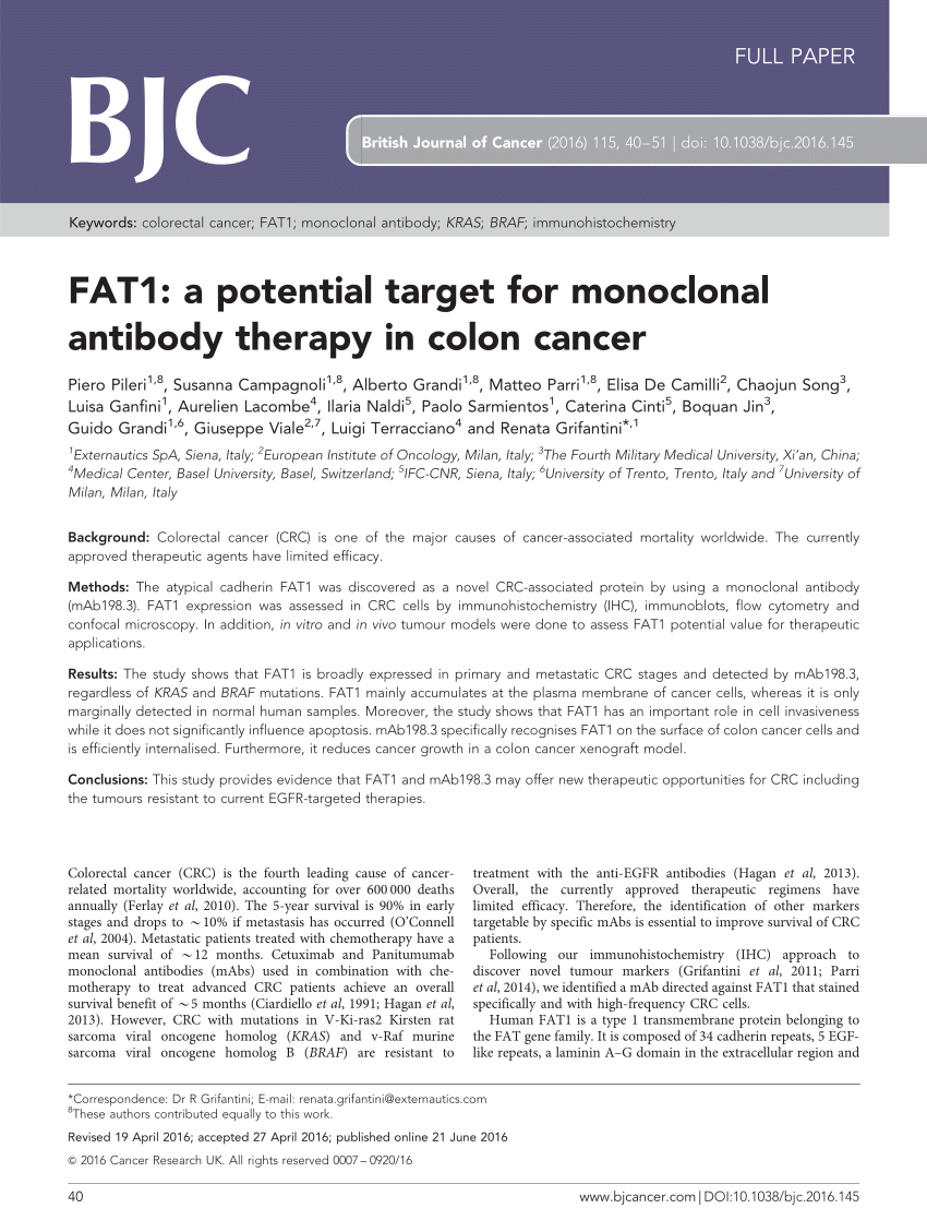 Pdf Fat1 A Potential Target For Monoclonal Antibody Therapy In Colon Cancer