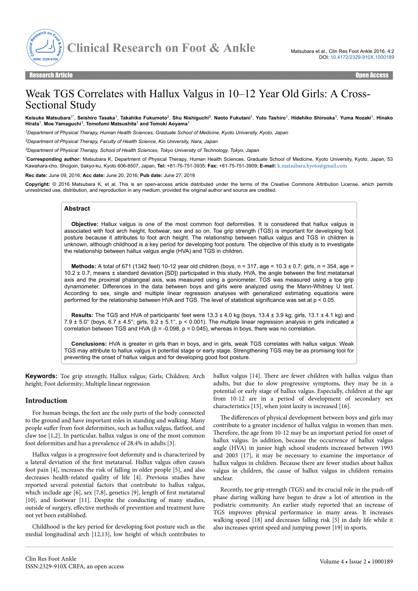 PDF) Weak TGS Correlates with Hallux Valgus in 10 12 Year Old Girls: A  Cross- Sectional Study