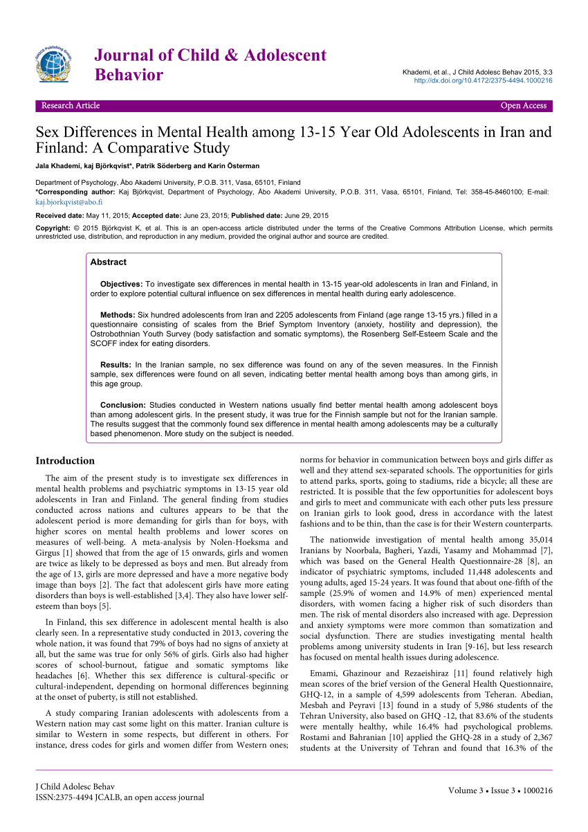 PDF) Sex Differences in Mental Health among 13-15 Year Old Adolescents in  Iran and Finland: A Comparative Study