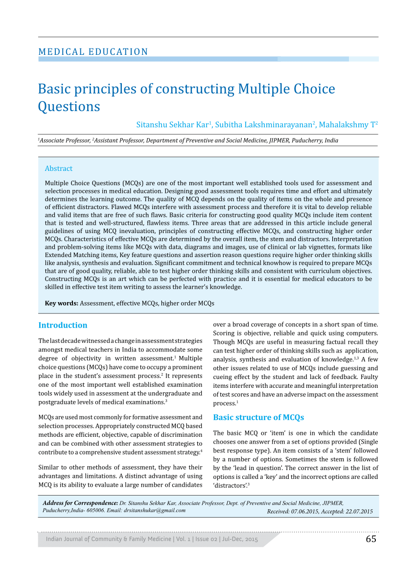 Pdf Basic Principles Of Constructing Multiple Choice Questions