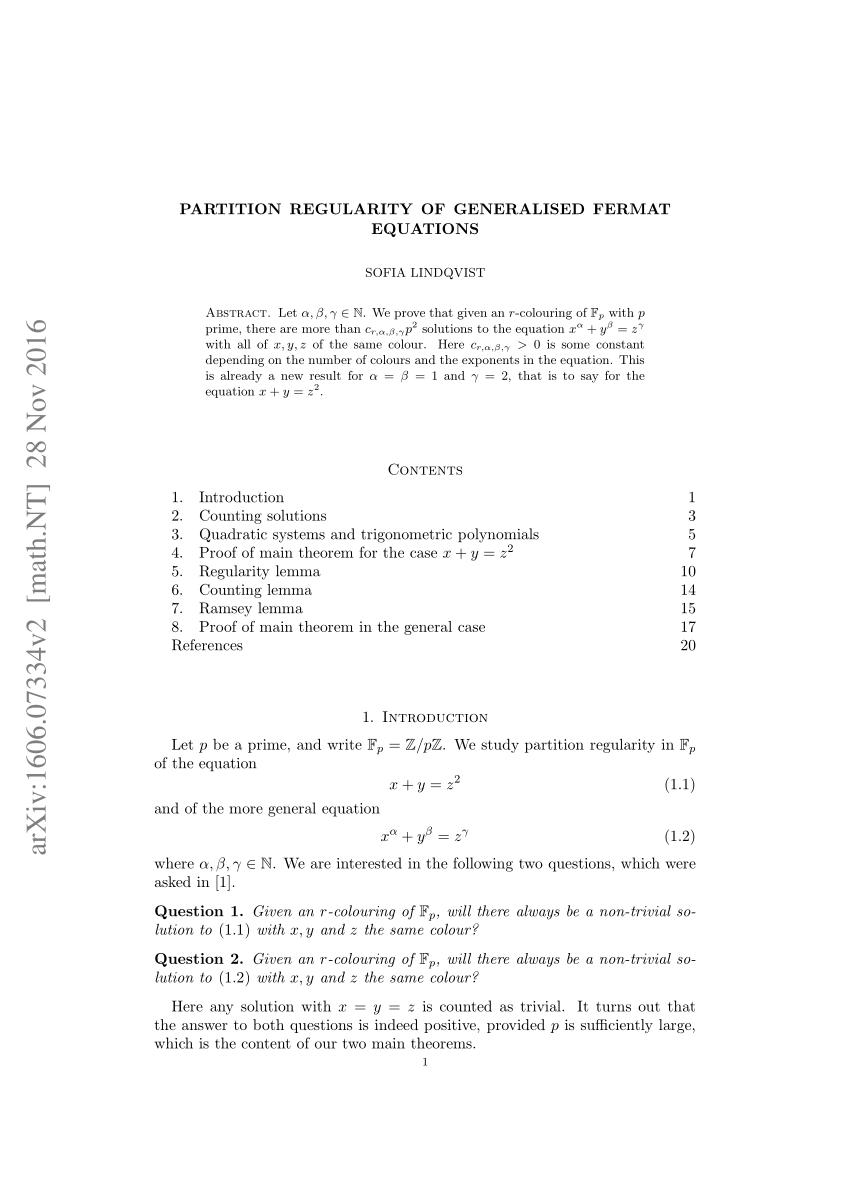 Pdf Partition Regularity Of Generalised Fermat Equations