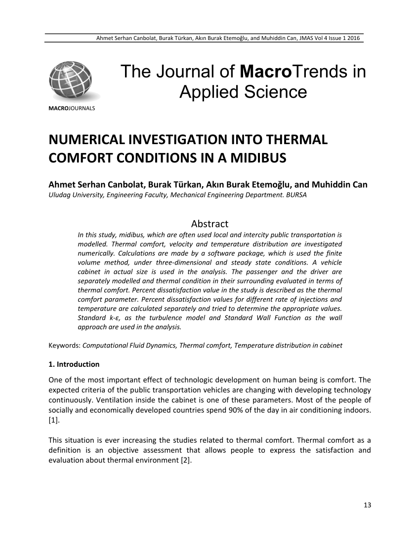 Pdf Numerical Investigation Into Thermal Comfort Conditions In A