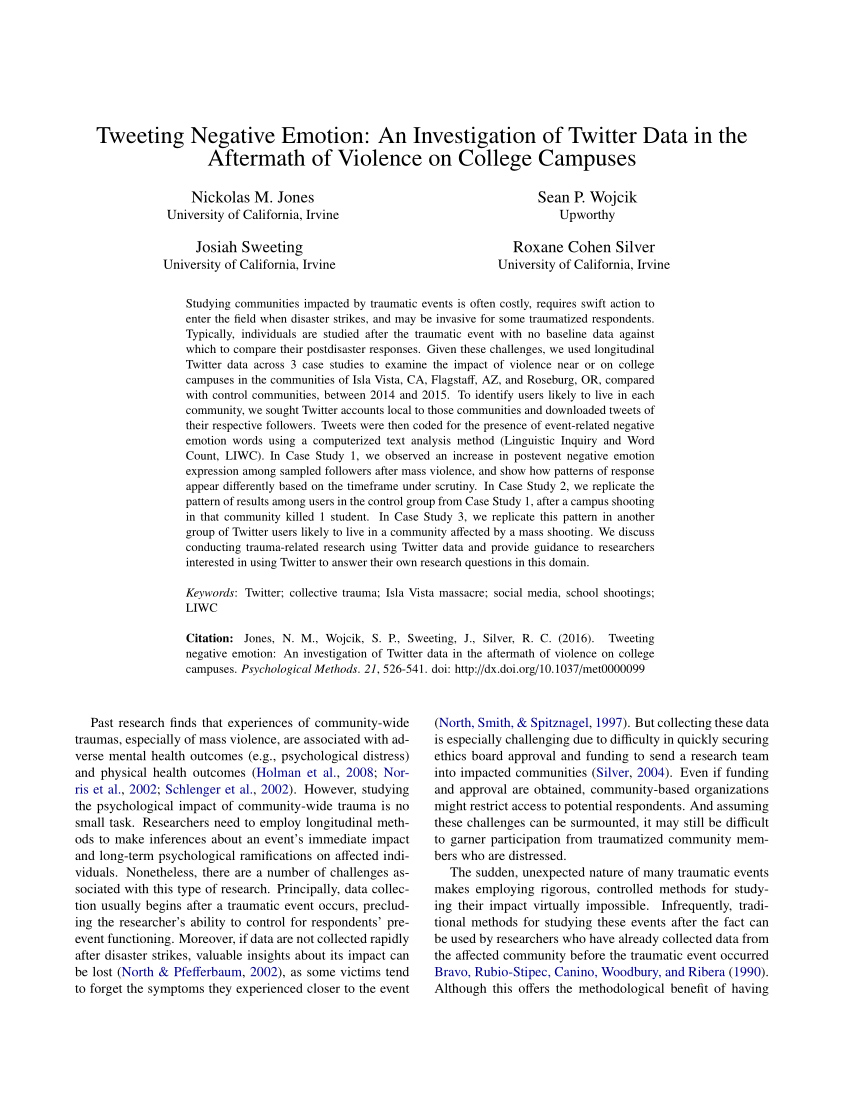 Pdf Tweeting Negative Emotion An Investigation Of Twitter Data In The Aftermath Of Violence On College Campuses