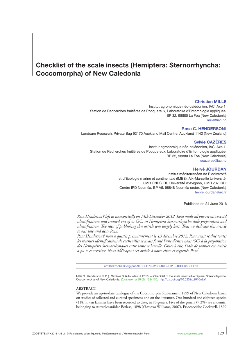 Pdf Checklist Of The Scale Insects Hemiptera Sternorrhyncha Coccomorpha Of New Caledonia