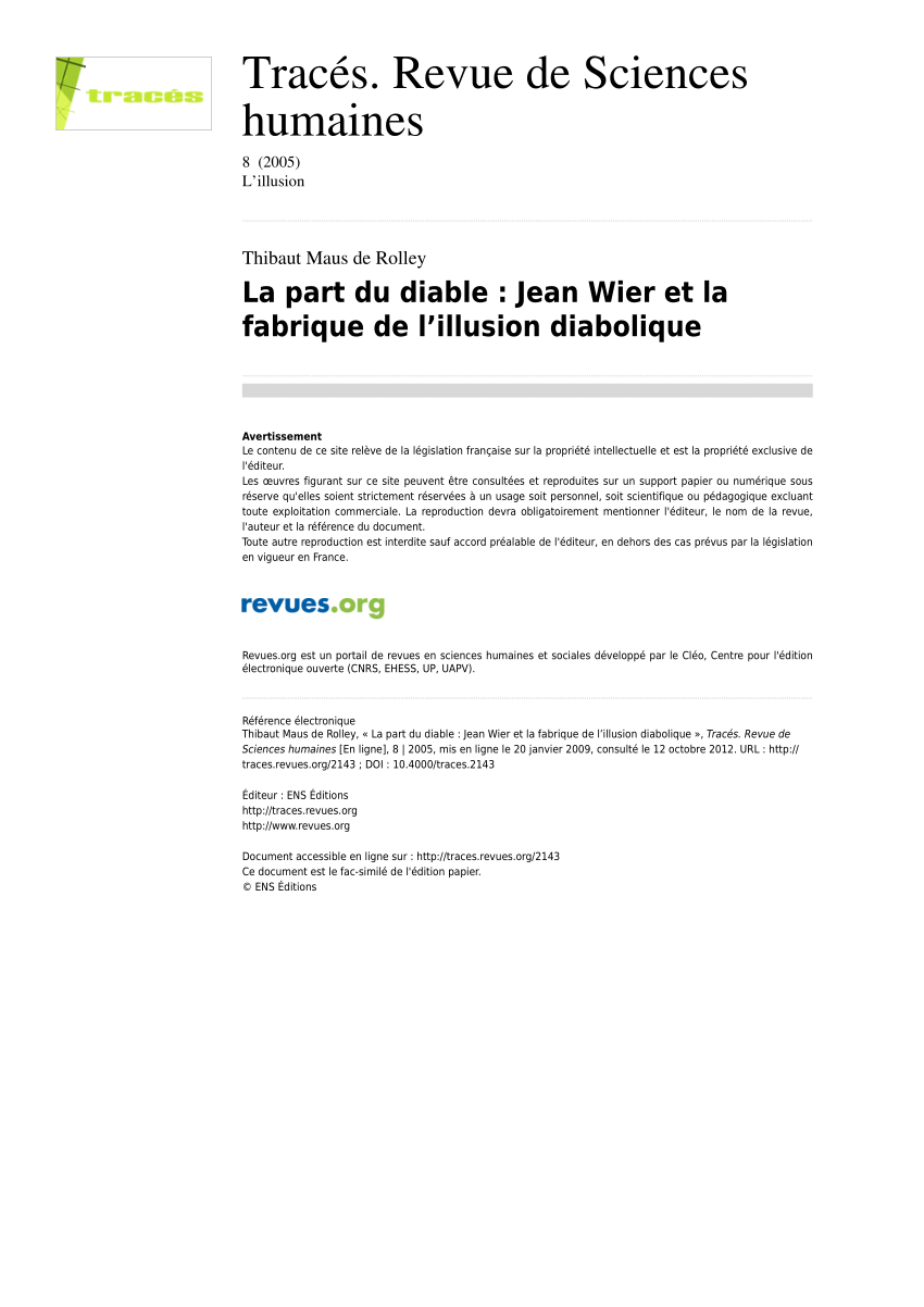 Pdf La Part Du Diable Jean Wier Et La Fabrique De L Illusion Diabolique