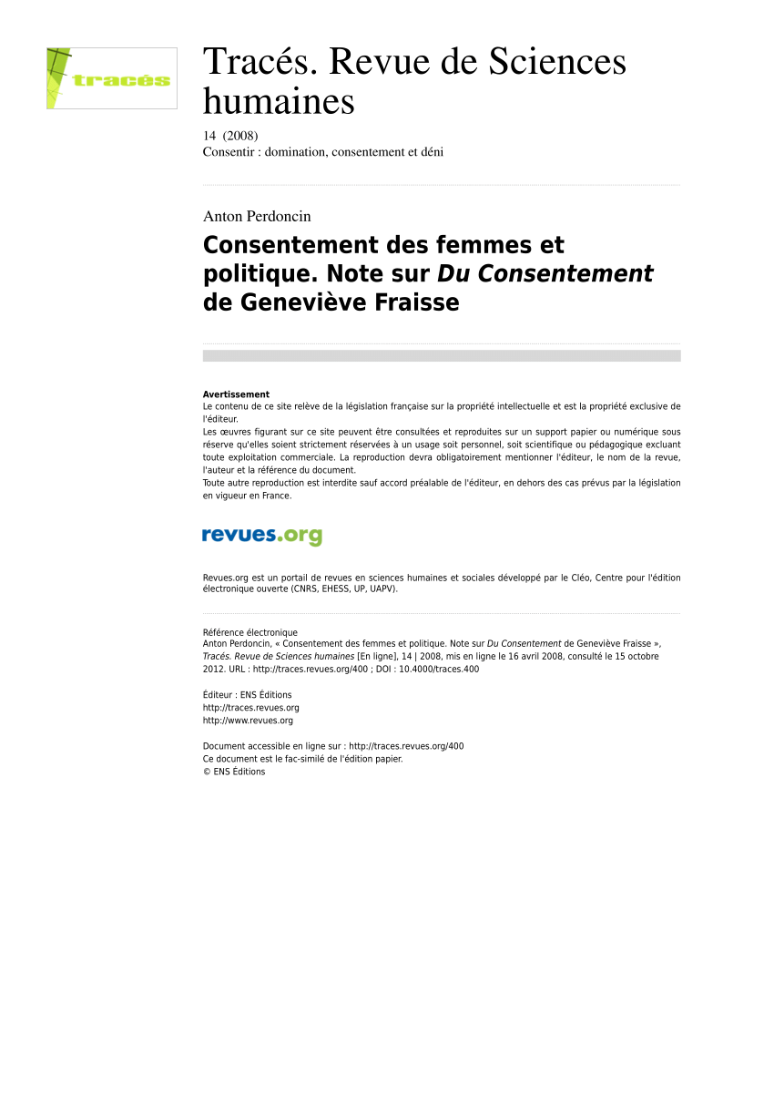 Pdf Consentement Des Femmes Et Politique Note Sur Du Consentement De Genevieve Fraisse