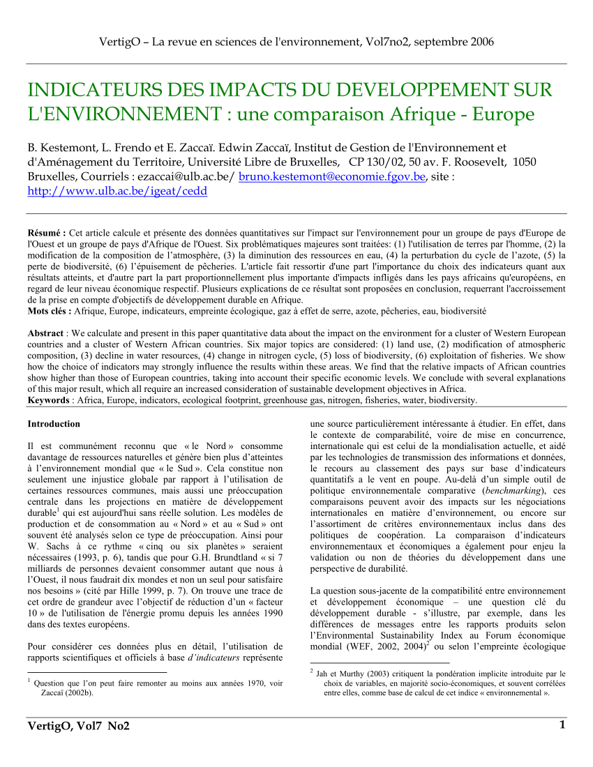 PDF) Indicateurs des impacts du dveloppement sur l'environnement ...