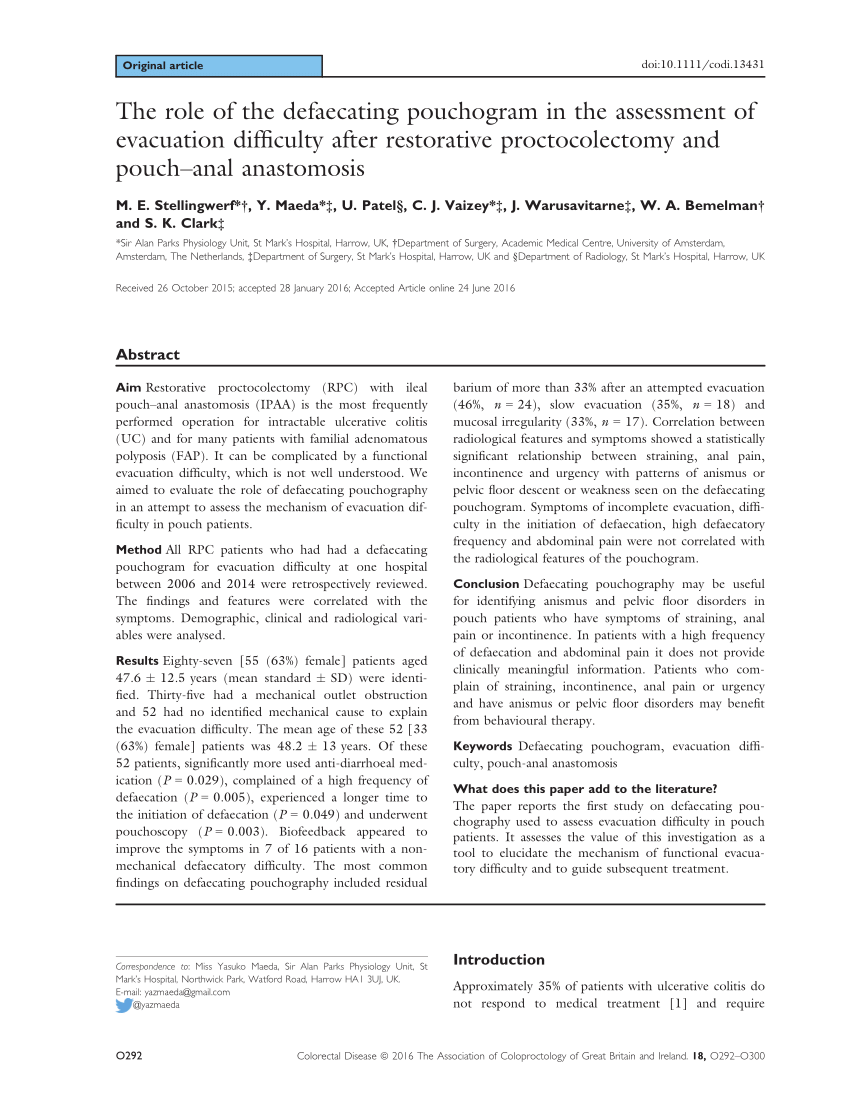 Pdf The Role Of The Defaecating Pouchogram In The Assessment Of Evacuation Difficulty After Restorative Proctocolectomy And Pouch Anal Anastomosis