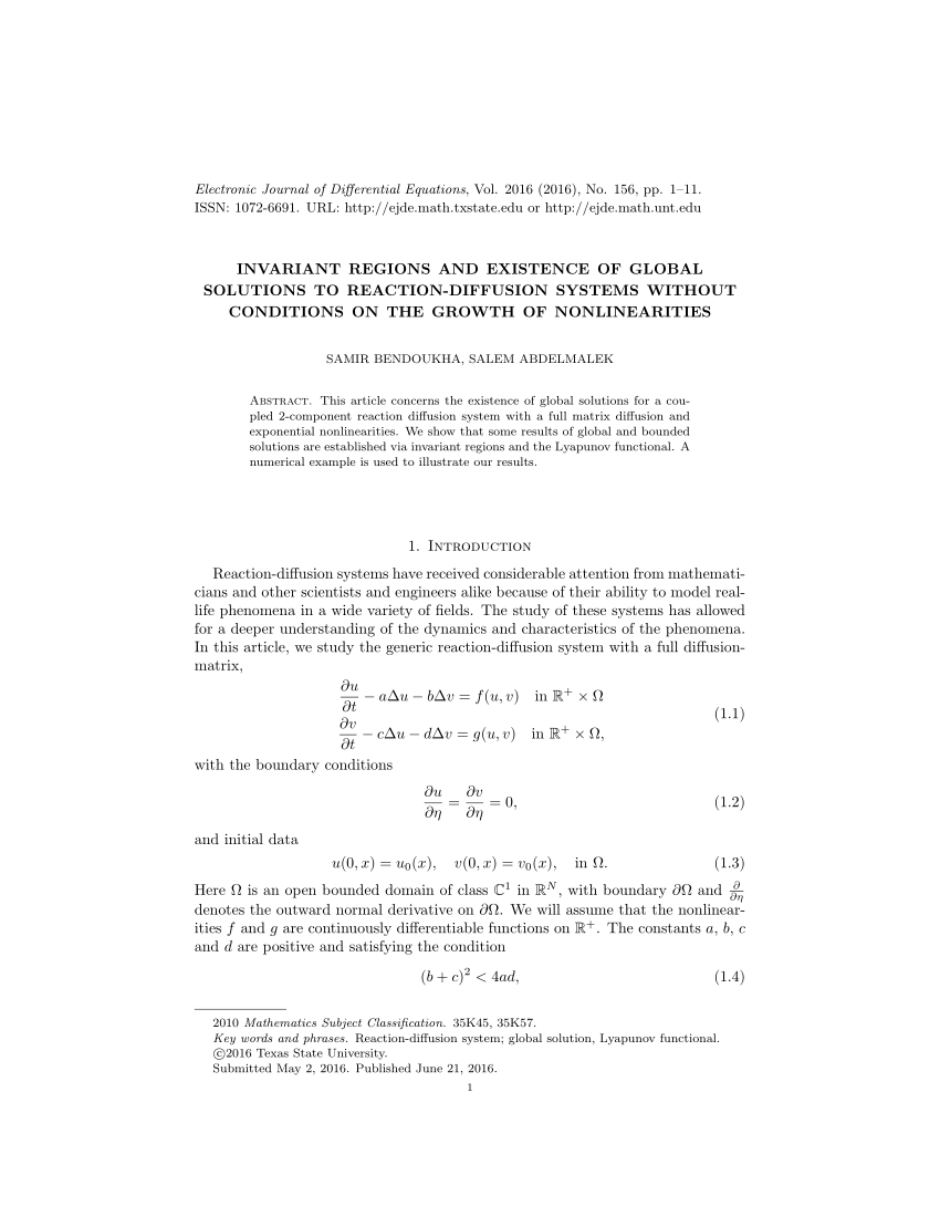 Pdf Invariant Regions And Existence Of Global Solutions To Reaction Diffusion Systems Without Conditions On The Growth Of Nonlinearities