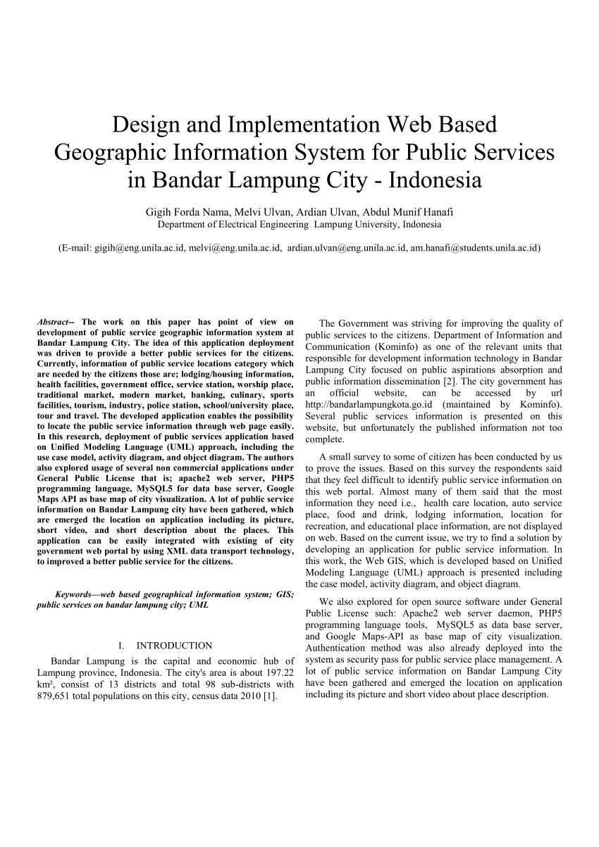 Pdf Design And Implementation Web Based Geographic Information System For Public Services In Bandar Lampung City Indonesia
