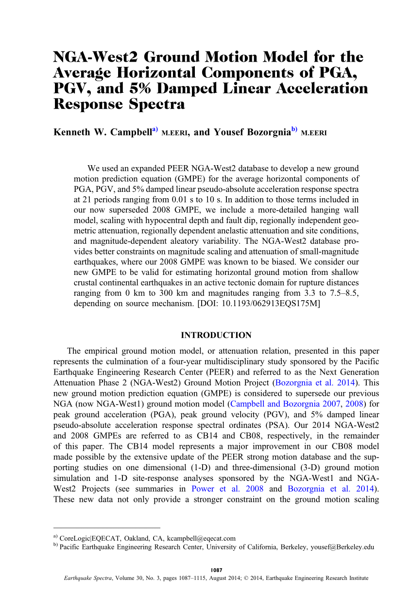 Pdf Nga West2 Campbell Bozorgnia Ground Motion Model For The Horizontal Components Of Pga Pgv And 5 Damped Elastic Pseudo Acceleration Response Spectra For Periods Ranging From 0 01 To 10 Sec