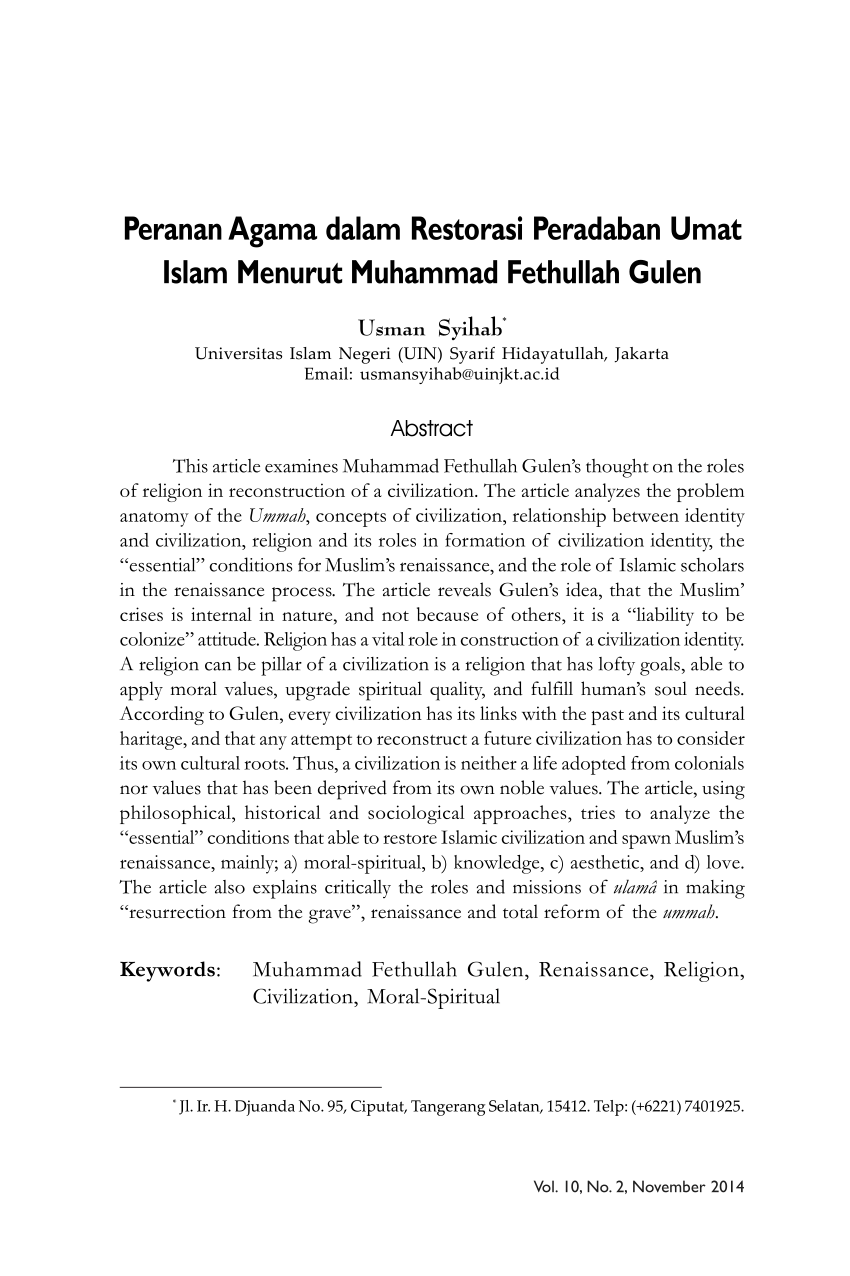 PDF Peranan Agama Dalam Restorasi Peradaban Umat Islam Menurut