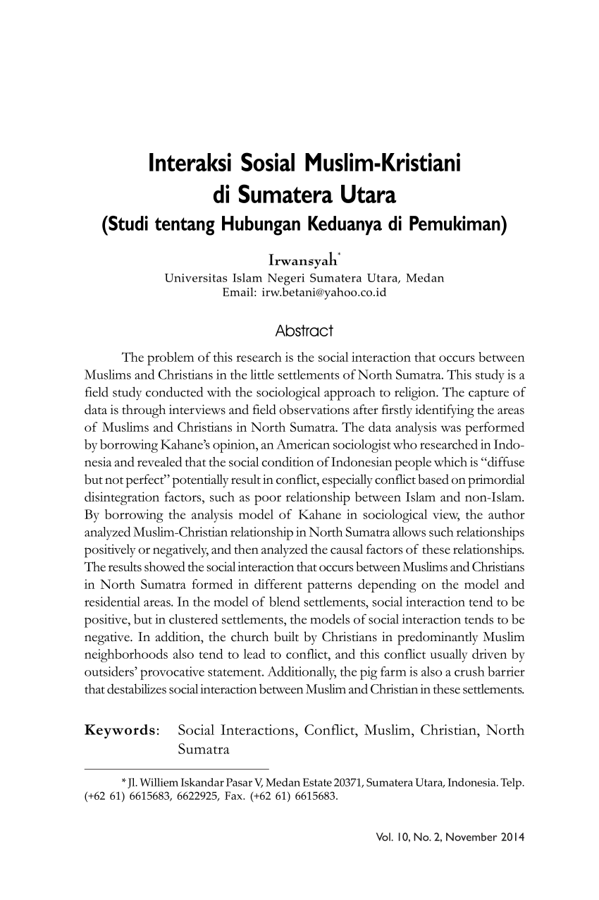 (PDF) Interaksi Sosial Muslim-Kristiani di Sumatera Utara (Studi ...