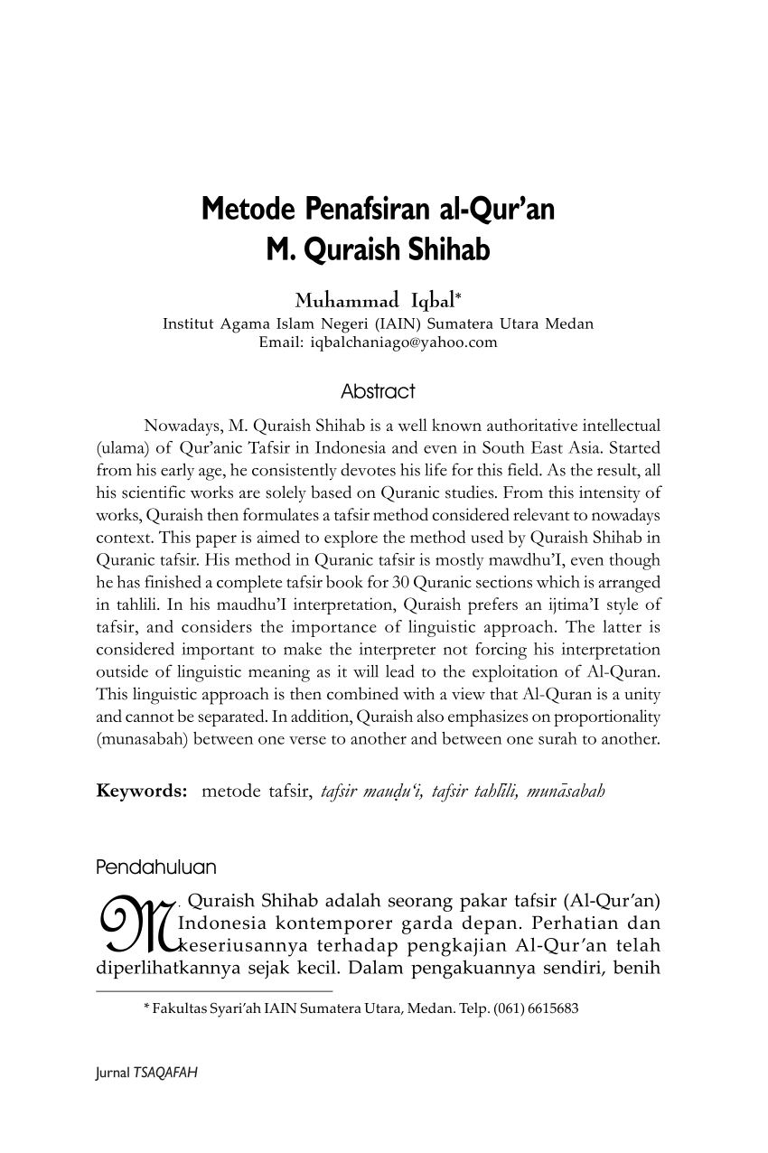 Pdf Metode Penafsiran Al Qur An M Quraish Shihab