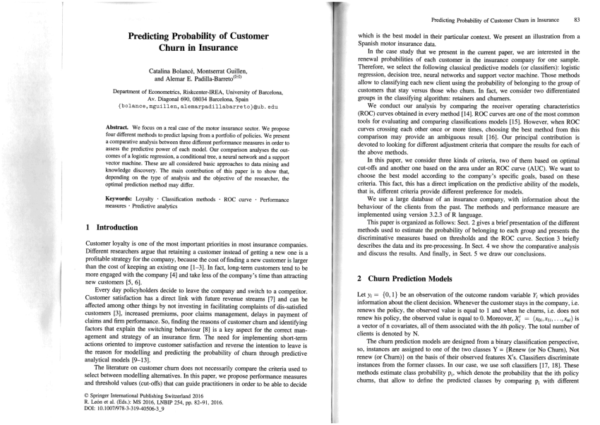 Pdf Predicting Probability Of Customer Churn In Insurance